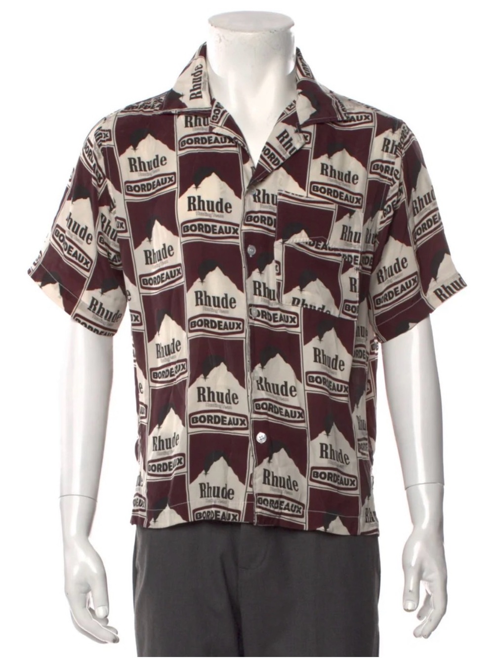 Rhude Burgundy and Cream Graphic Camp-Collar Shirt